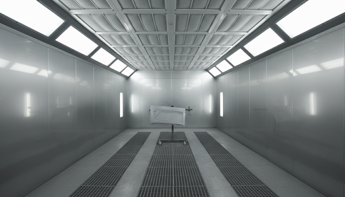 Spray booth interior used as a reference for automated cleaning and maintenance planning